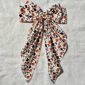 White with Orange Pumpkins Black Ghosts & Mushrooms Fabric Hair Bow Clip
